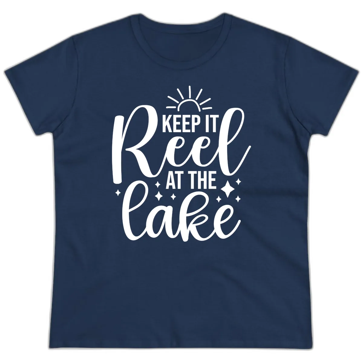 Keep It Reel At The Lake Design Ladies Tee in Navy