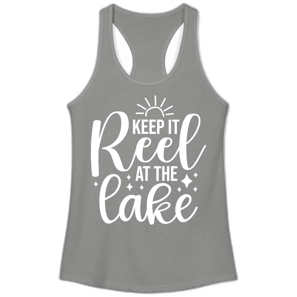 Keep It Reel At The Lake Design Ladies Tank in Heather Grey