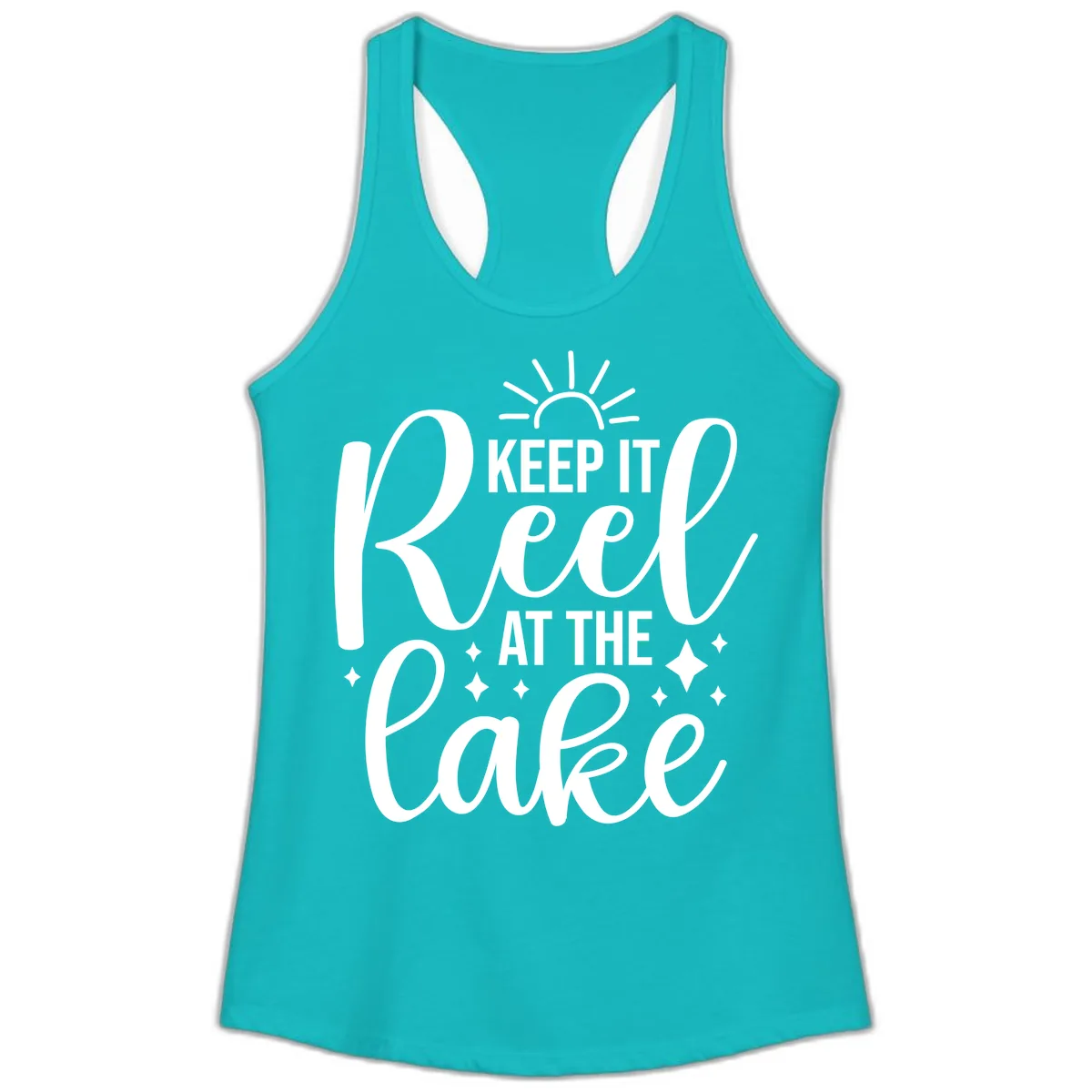 Keep It Reel At The Lake Design Ladies Tank in Tahiti Blue