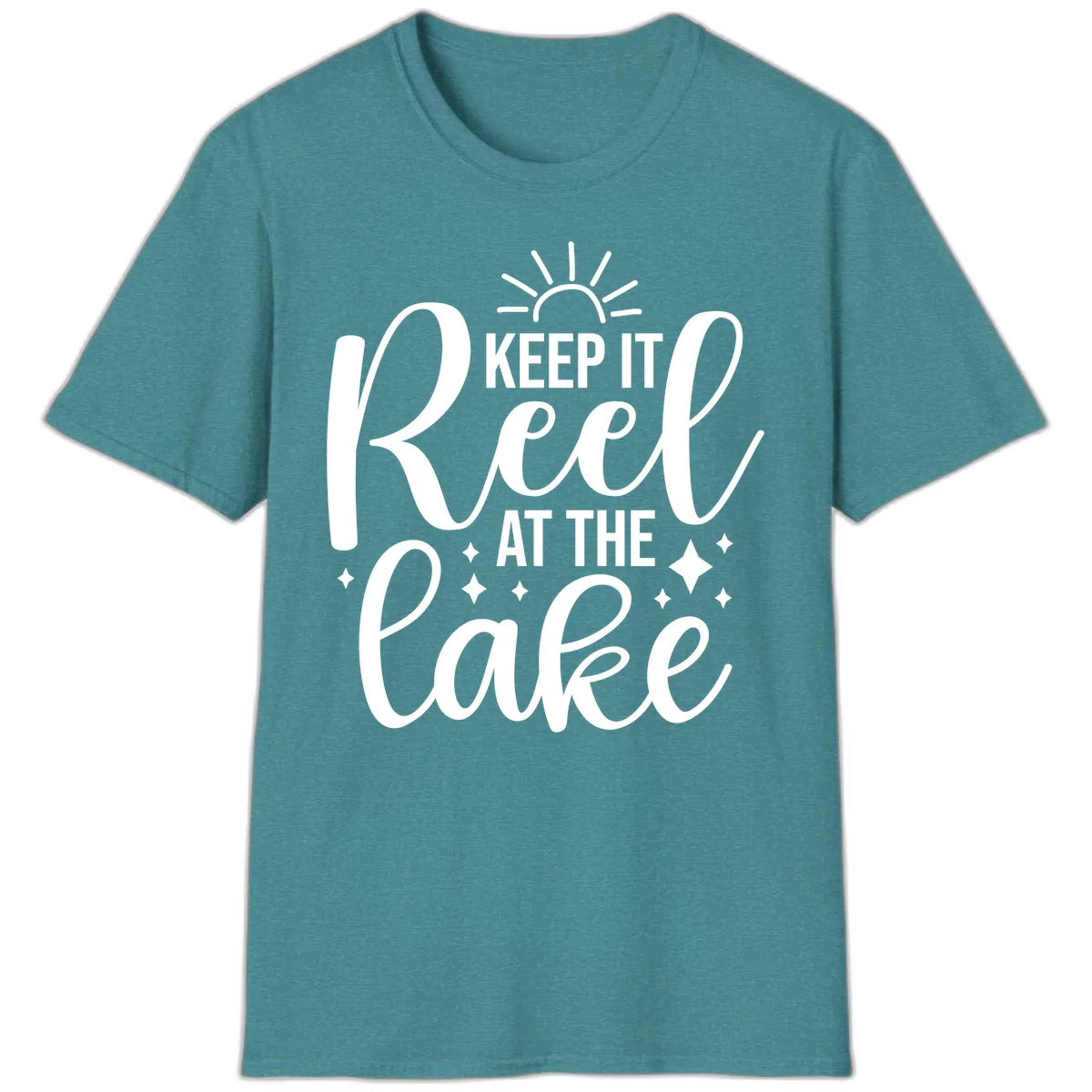 Keep It Reel At The Lake Design T-Shirt in Heather Galapagos Blue