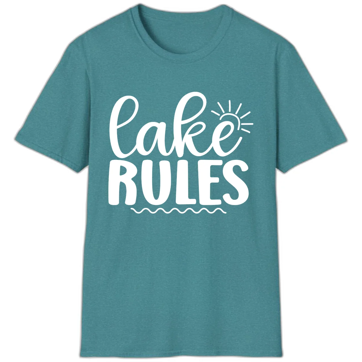 Lake Rules Typography Design T-Shirt in Heather Galapagos Blue