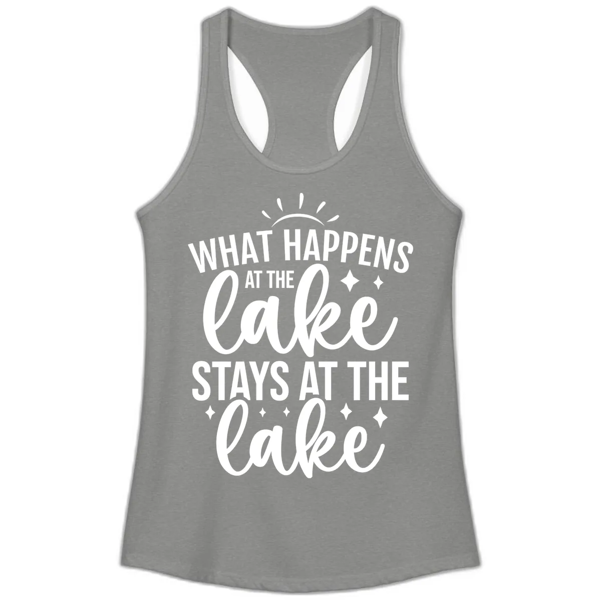 What Happens At The Lake Stays At The Lake Ladies Tank in Heather Grey