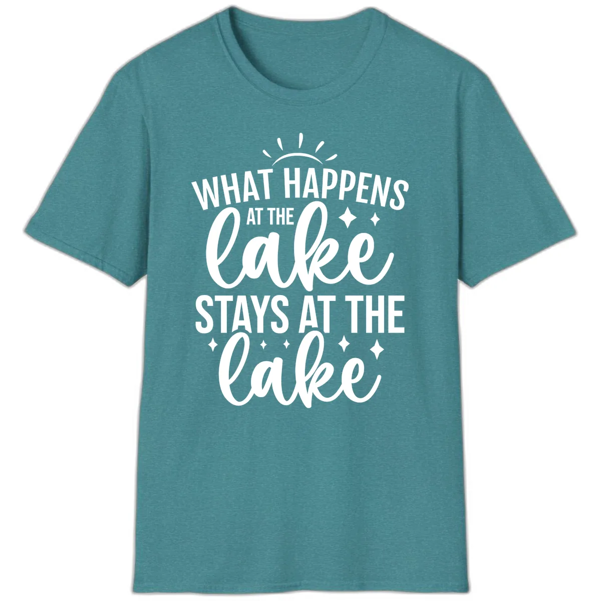 What Happens At The Lake Stays At The Lake T-Shirt in Heather Galapagos Blue