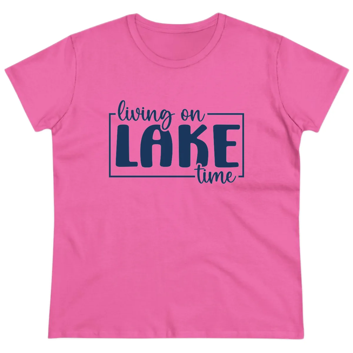 Living On Lake Time Typography Ladies Tee in Azalea