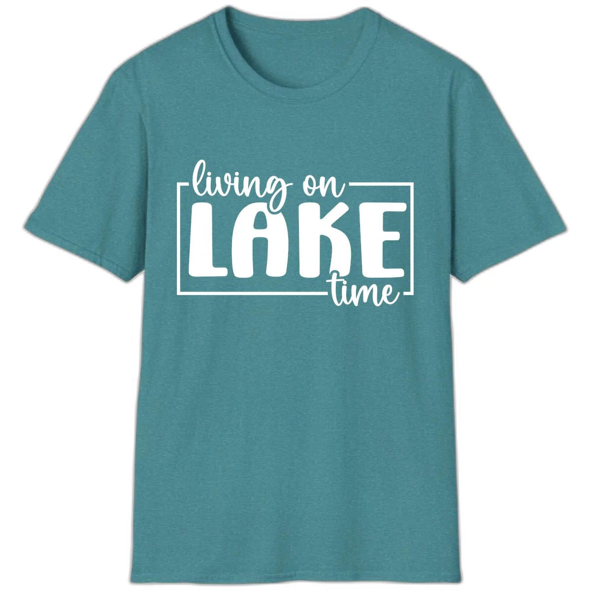 Living On Lake Time Typography T-Shirt in Heather Galapagos Blue