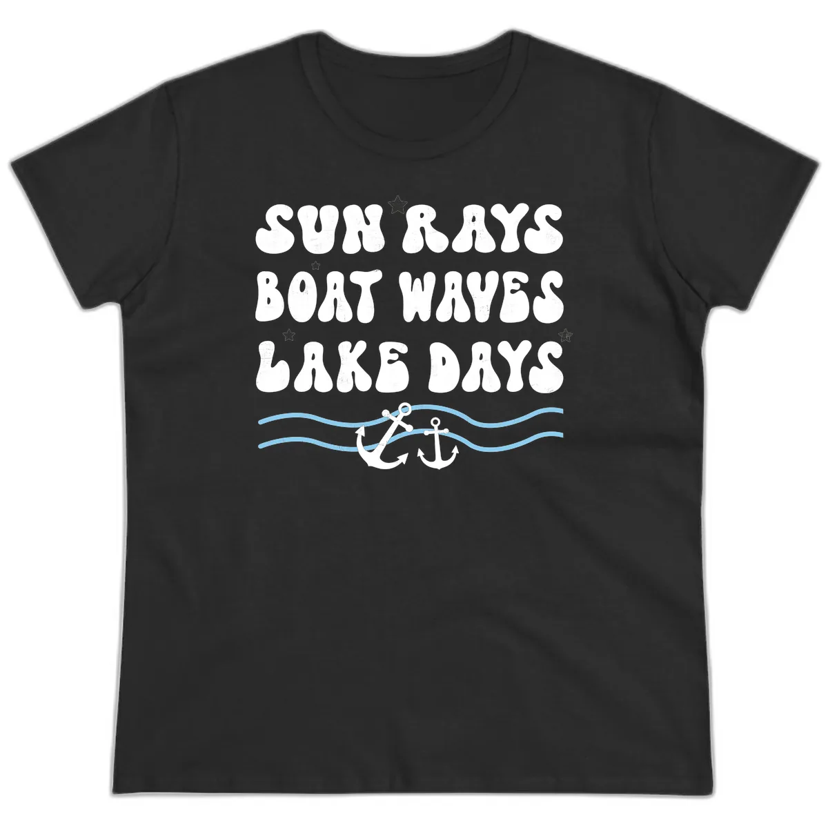 Sun Rays Boat Waves Lake Days Ladies Tee in Black