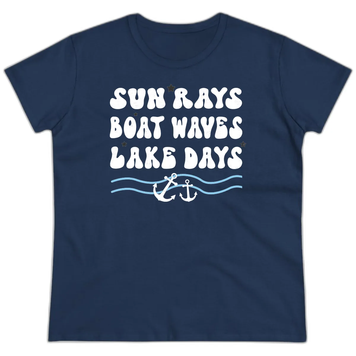 Sun Rays Boat Waves Lake Days Ladies Tee in Navy
