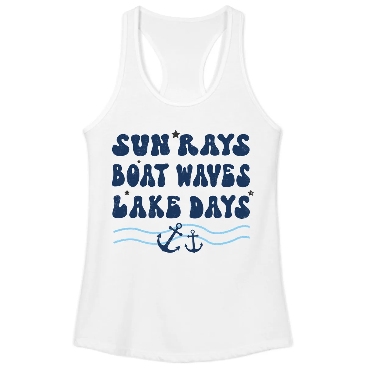 Sun Rays Boat Waves Lake Days Ladies Tank in White