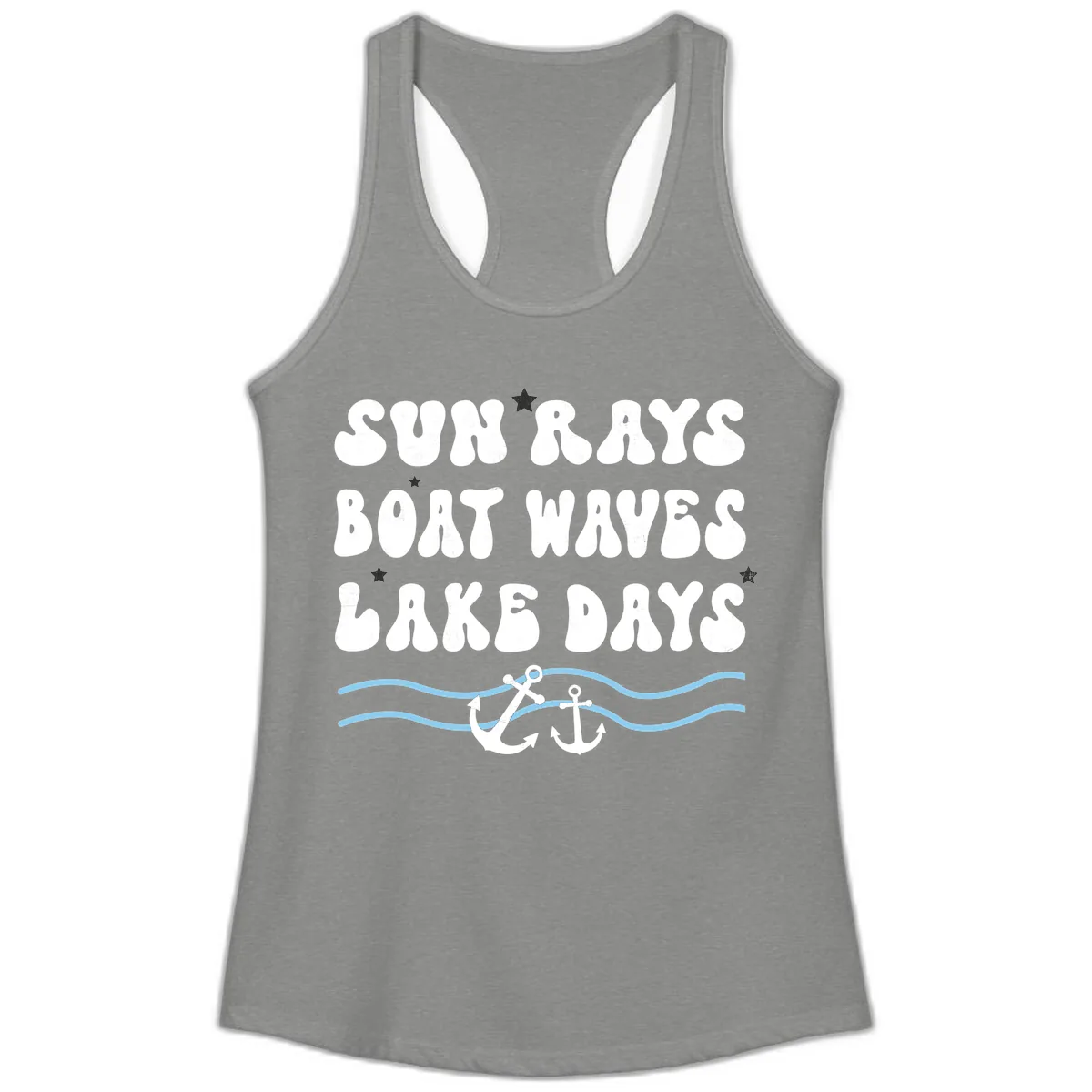 Sun Rays Boat Waves Lake Days Ladies Tank in Heather Grey