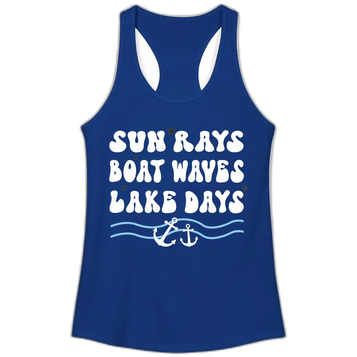 Sun Rays Boat Waves Lake Days Ladies Tank in Solid Royal
