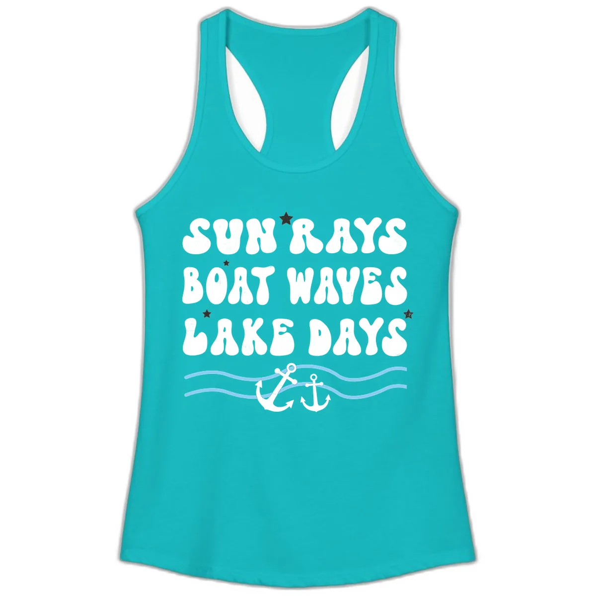 Sun Rays Boat Waves Lake Days Ladies Tank in Tahiti Blue