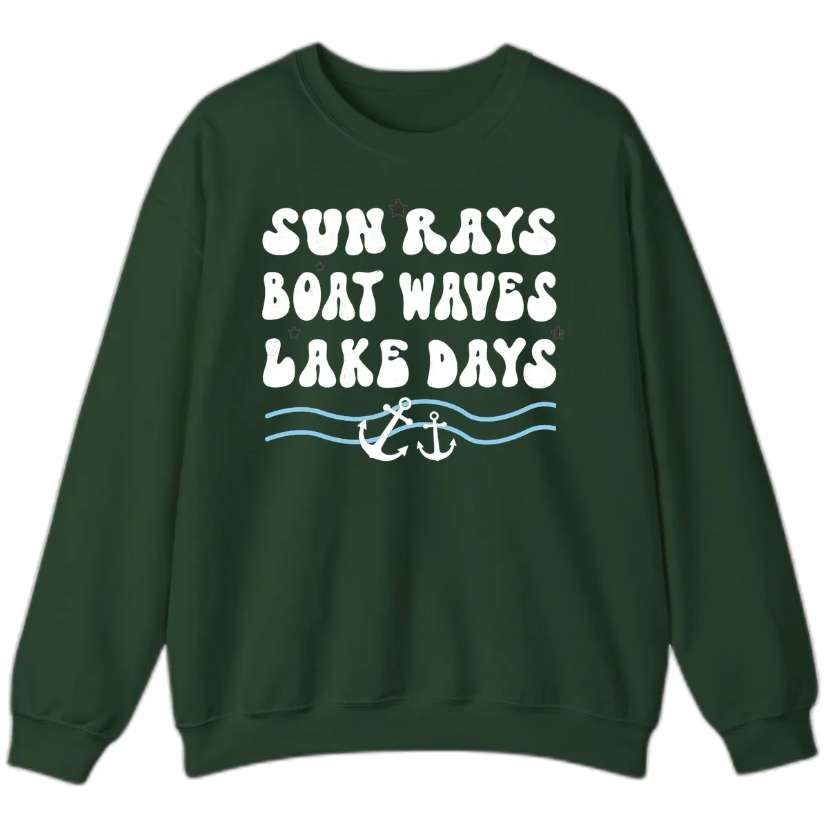 Sun Rays Boat Waves Lake Days Sweatshirt in Forest Green