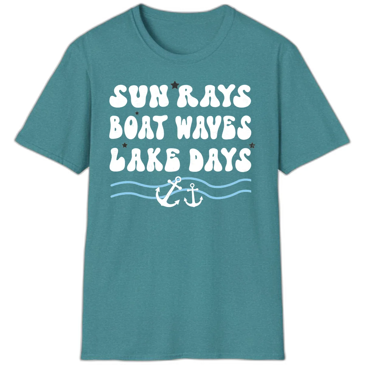 Sun Rays Boat Waves Lake Days T-Shirt in Heather Galapagos Blue