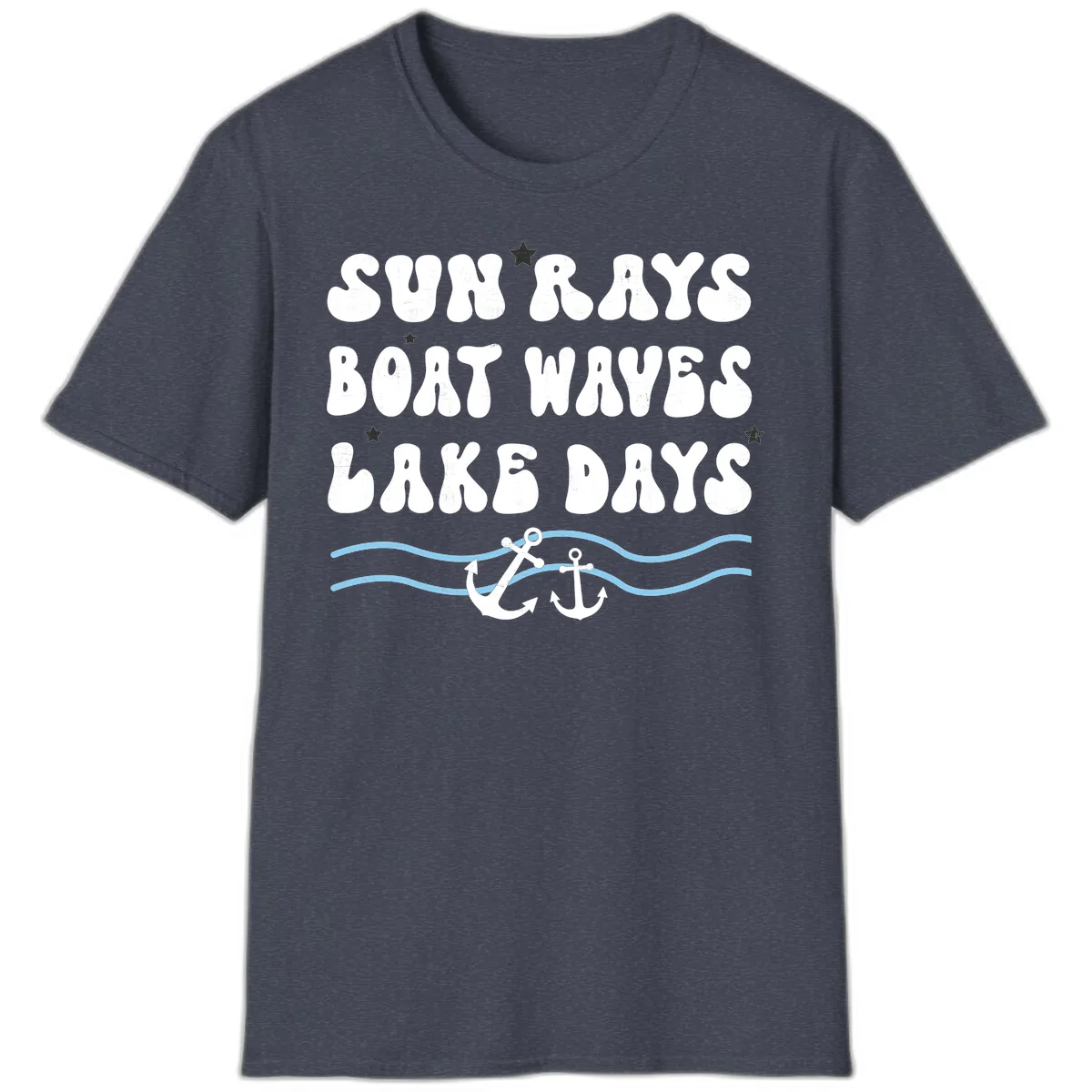 Sun Rays Boat Waves Lake Days T-Shirt in Heather Navy