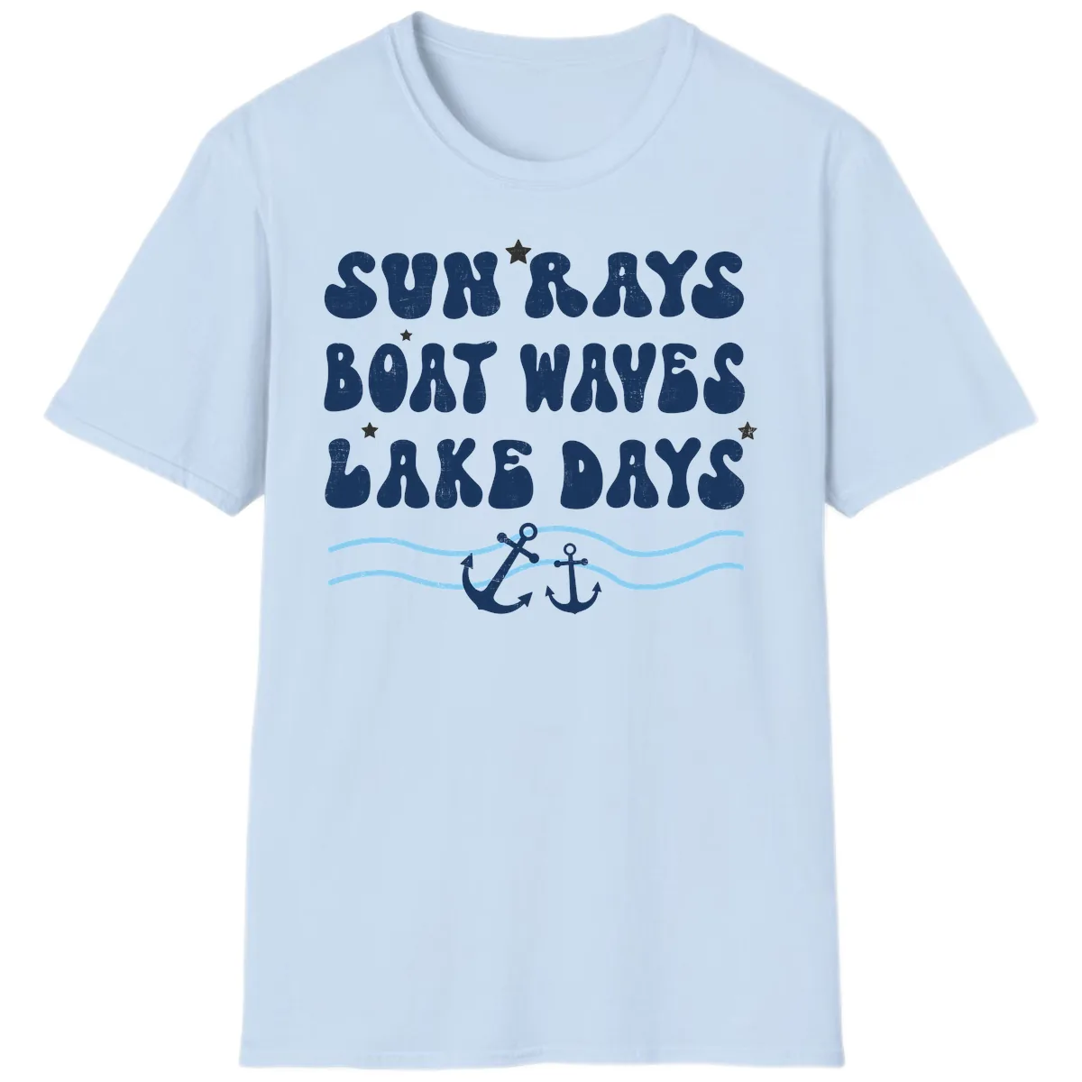 Sun Rays Boat Waves Lake Days T-Shirt in Light Blue