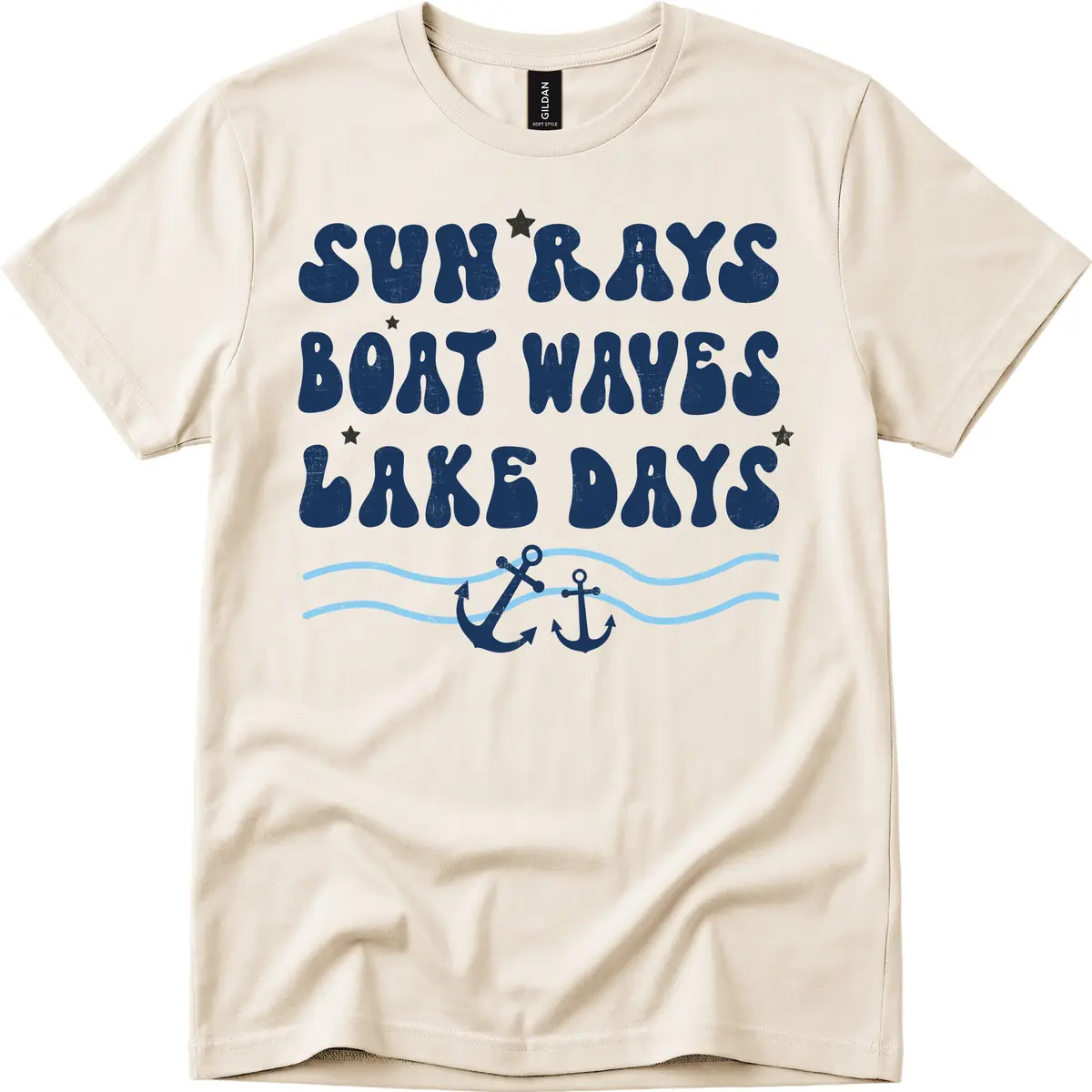 Sun Rays Boat Waves Lake Days T-Shirt in Natural