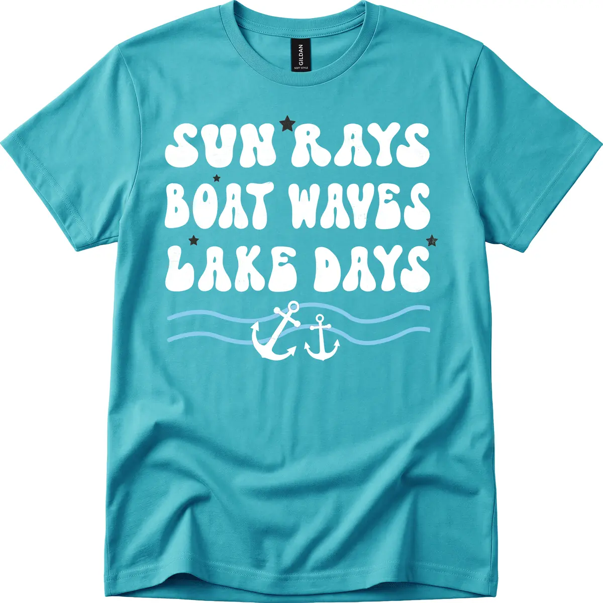 Sun Rays Boat Waves Lake Days T-Shirt in Tropical Blue
