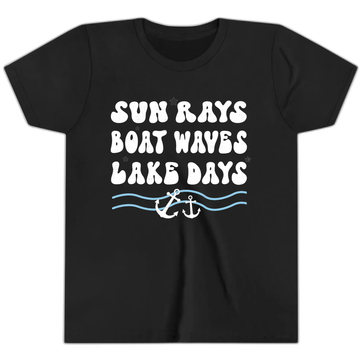 Sun Rays Boat Waves Lake Days Youth T-Shirt in Black