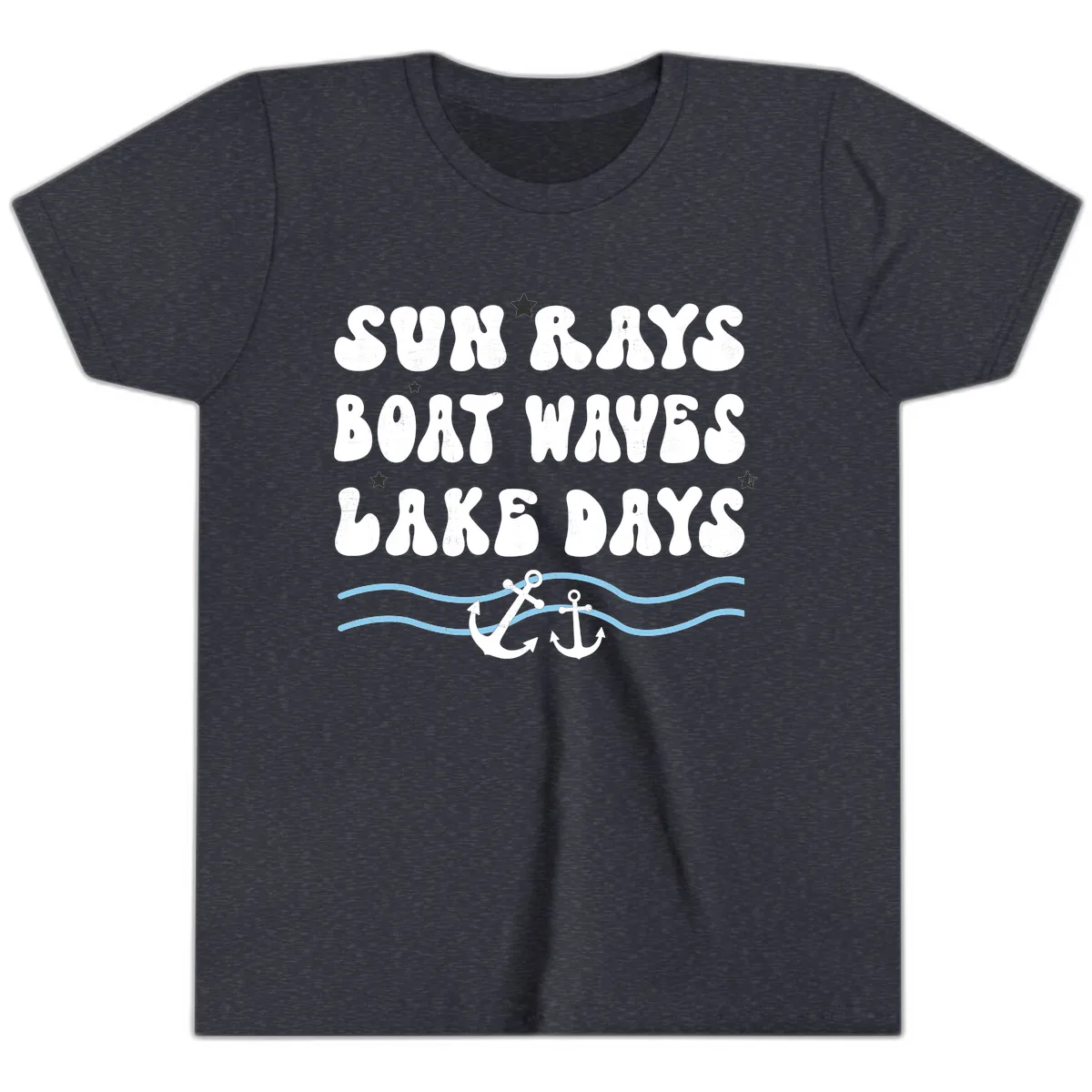 Sun Rays Boat Waves Lake Days Youth T-Shirt in Heather Navy