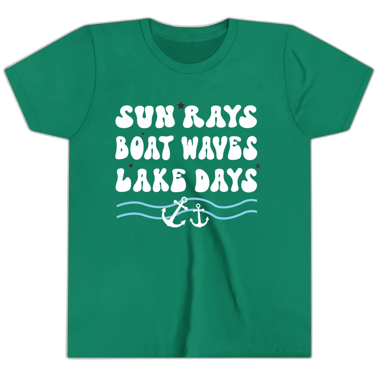 Sun Rays Boat Waves Lake Days Youth T-Shirt in Kelly