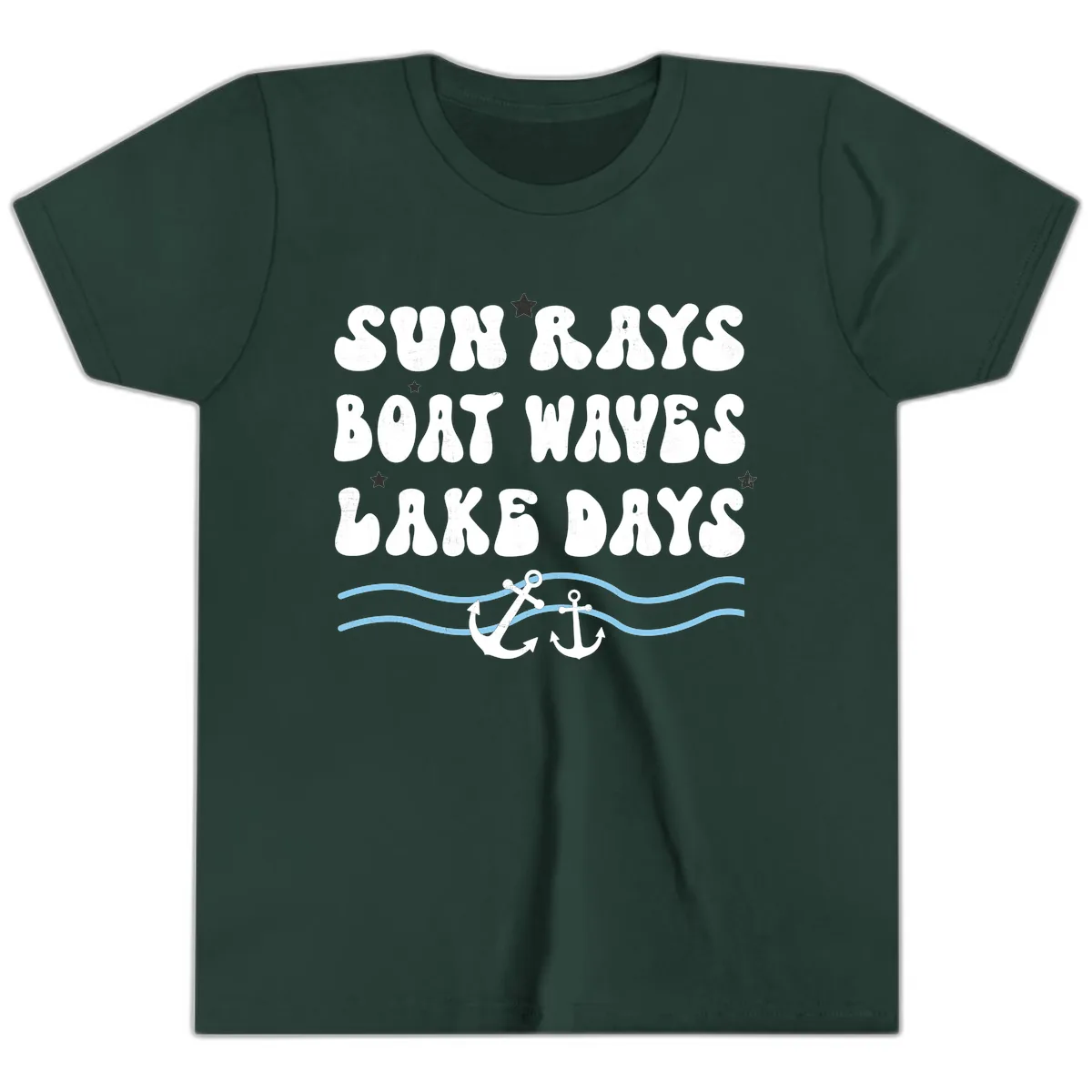 Sun Rays Boat Waves Lake Days Youth T-Shirt in Forest