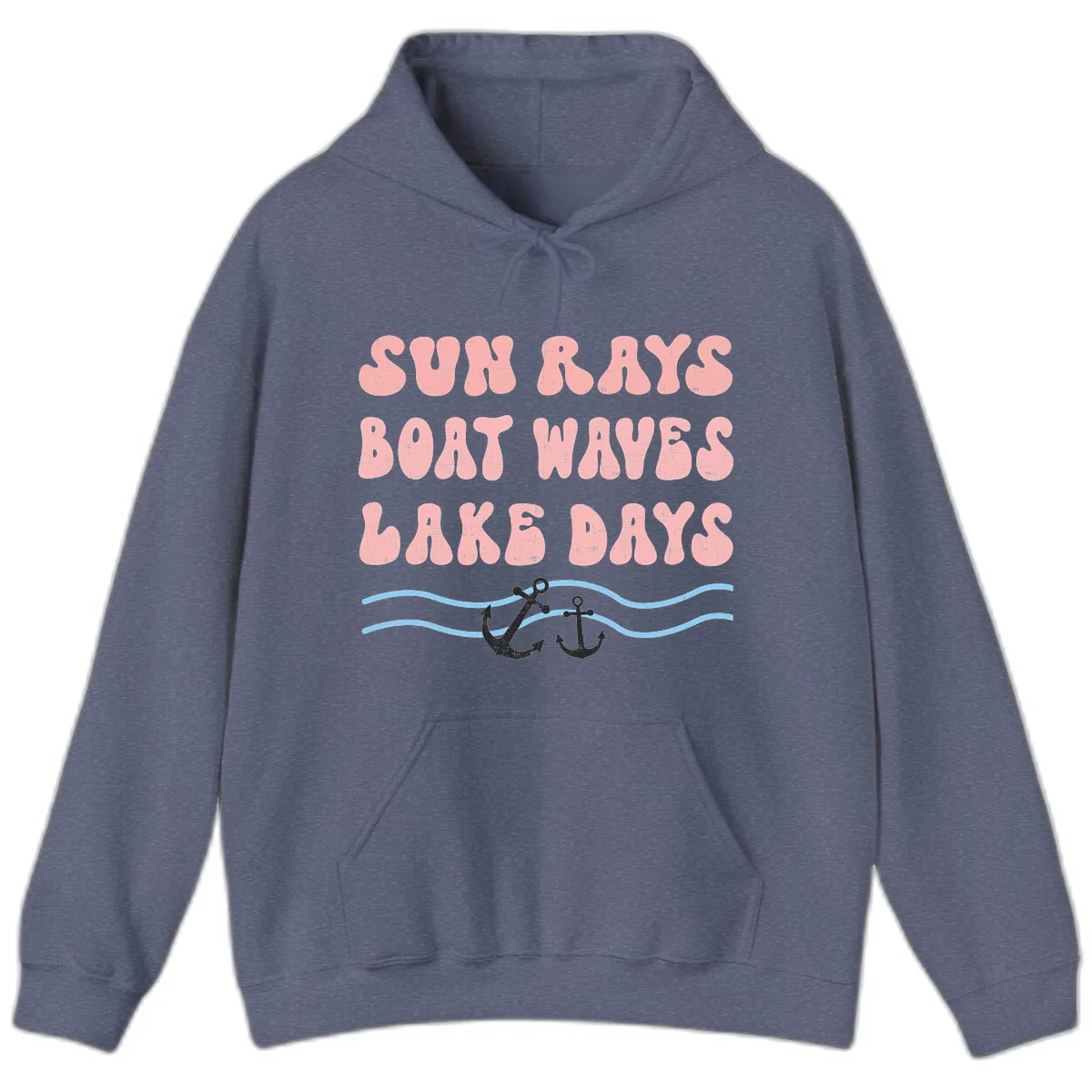 Lake Days Boat Waves Sun Rays Hoodie in Heather Navy