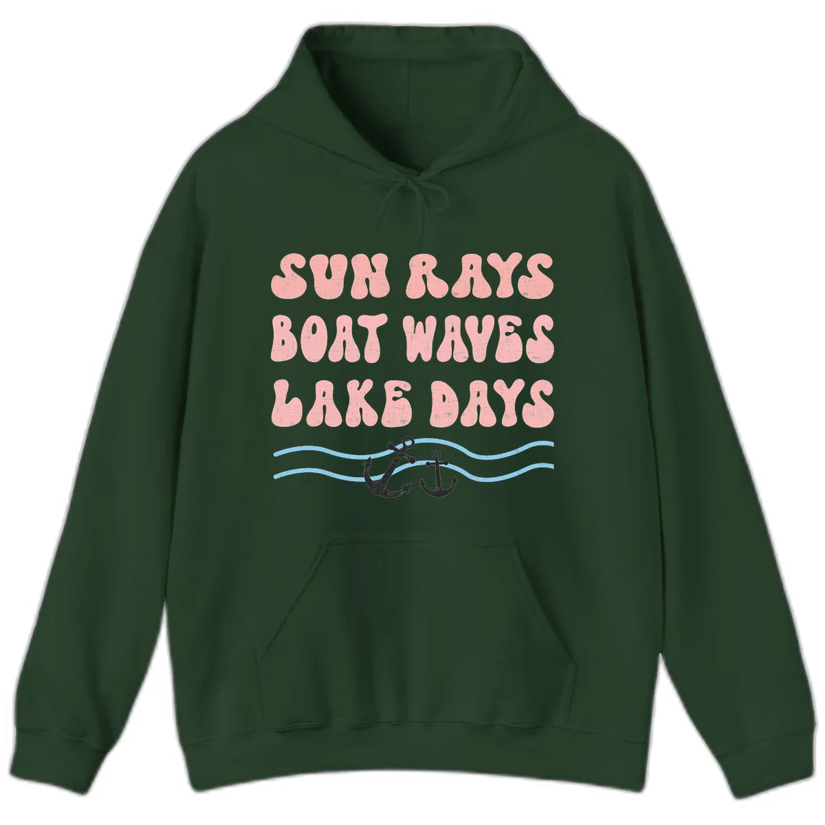 Lake Days Boat Waves Sun Rays Hoodie in Forest Green