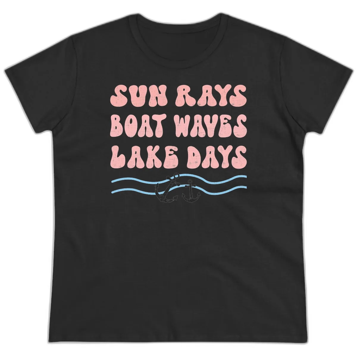 Lake Days Boat Waves Sun Rays Ladies Tee in Black