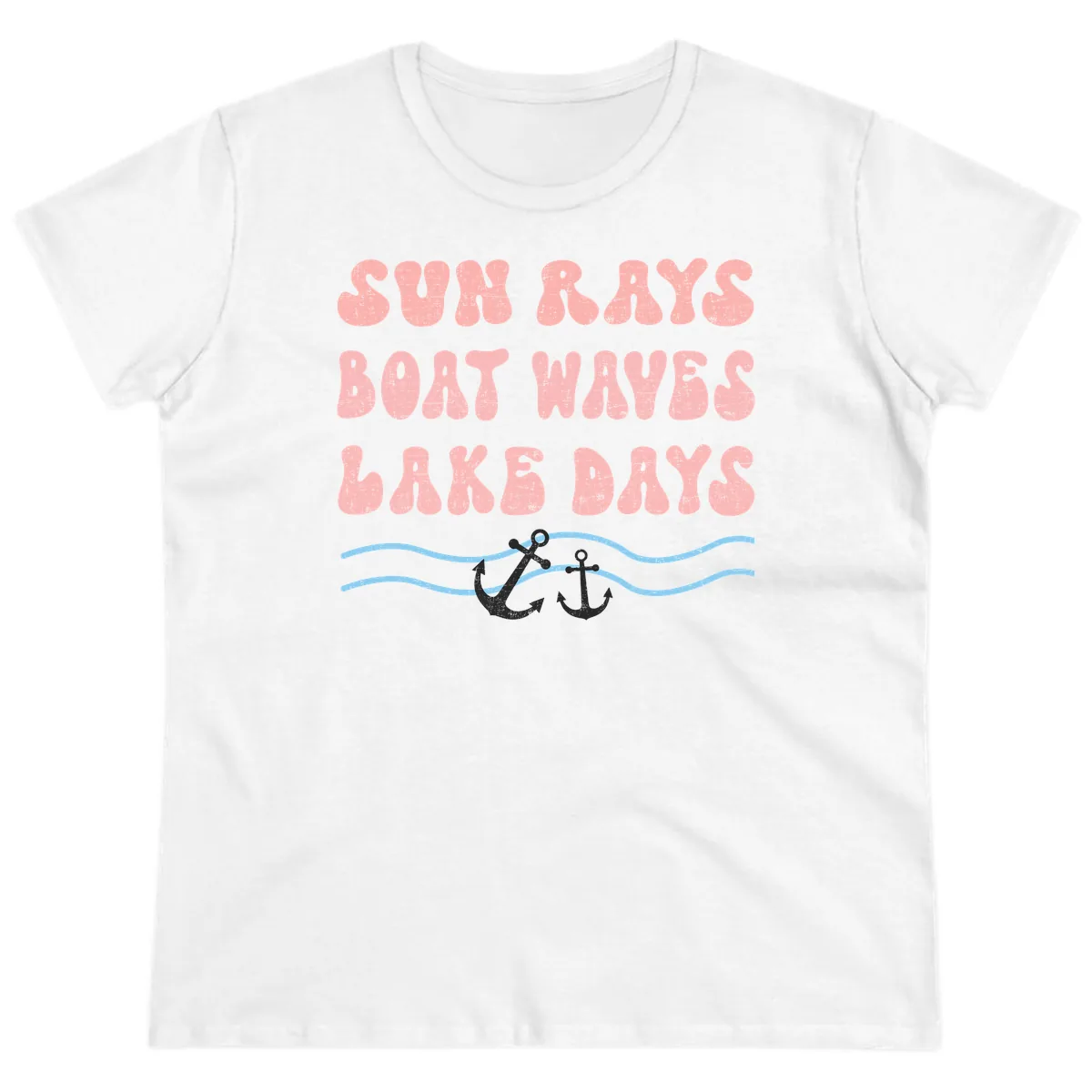 Lake Days Boat Waves Sun Rays Ladies Tee in White