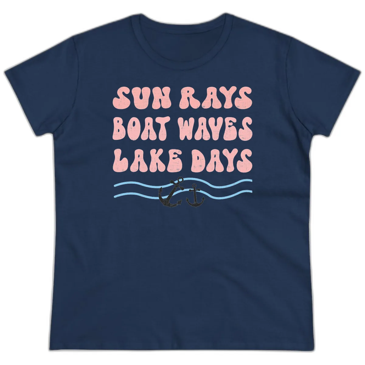 Lake Days Boat Waves Sun Rays Ladies Tee in Navy
