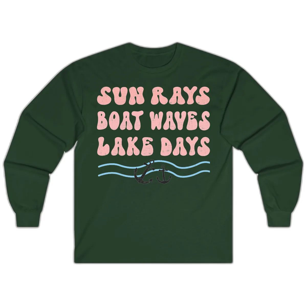 Lake Days Boat Waves Sun Rays Long Sleeve in Forest Green