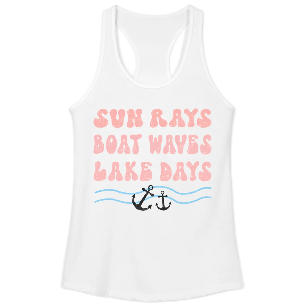 Lake Days Boat Waves Sun Rays Ladies Tank in White
