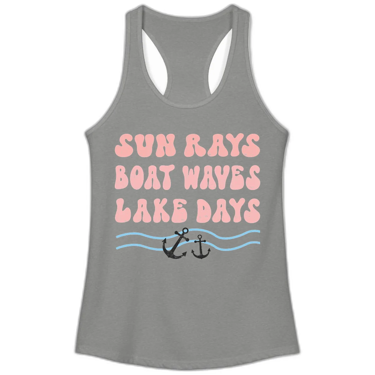 Lake Days Boat Waves Sun Rays Ladies Tank in Heather Grey
