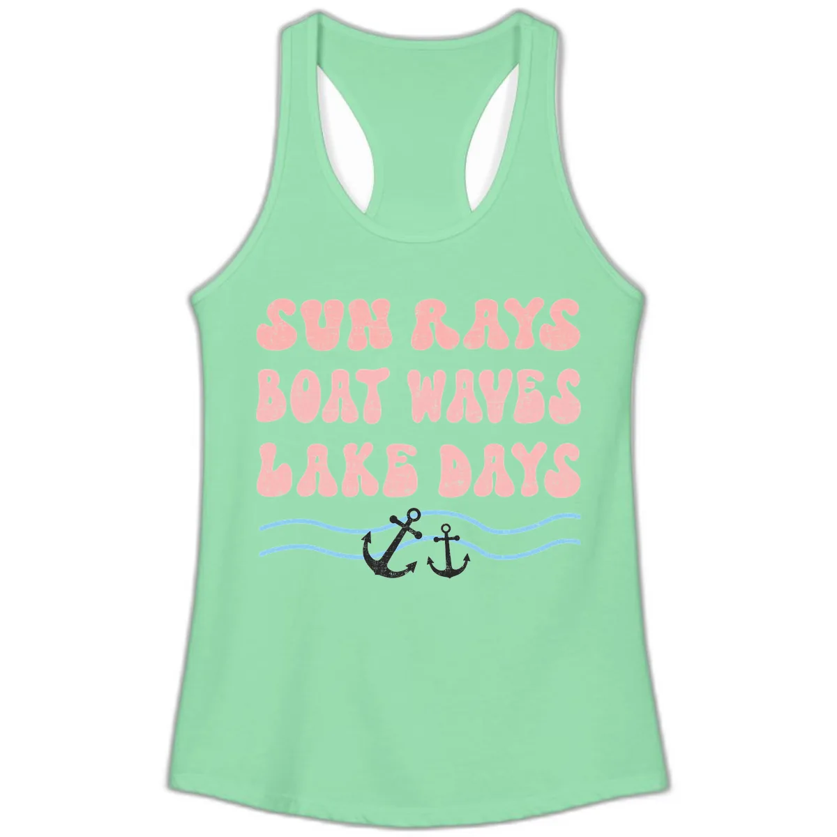 Lake Days Boat Waves Sun Rays Ladies Tank in Solid Mint