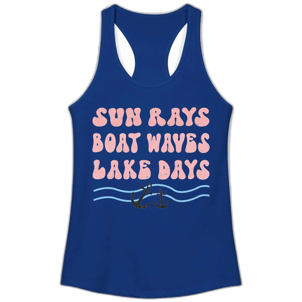 Lake Days Boat Waves Sun Rays Ladies Tank in Solid Royal