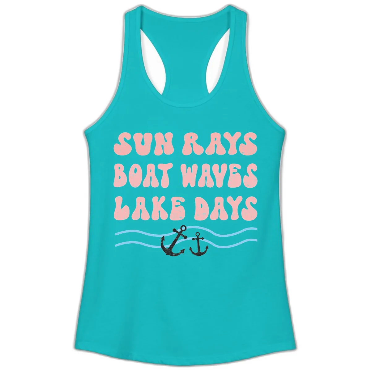 Lake Days Boat Waves Sun Rays Ladies Tank in Tahiti Blue