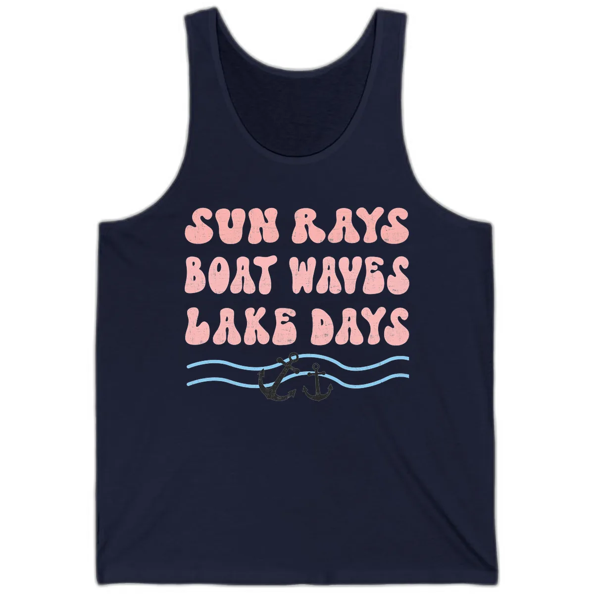 Lake Days Boat Waves Sun Rays Tank in Navy