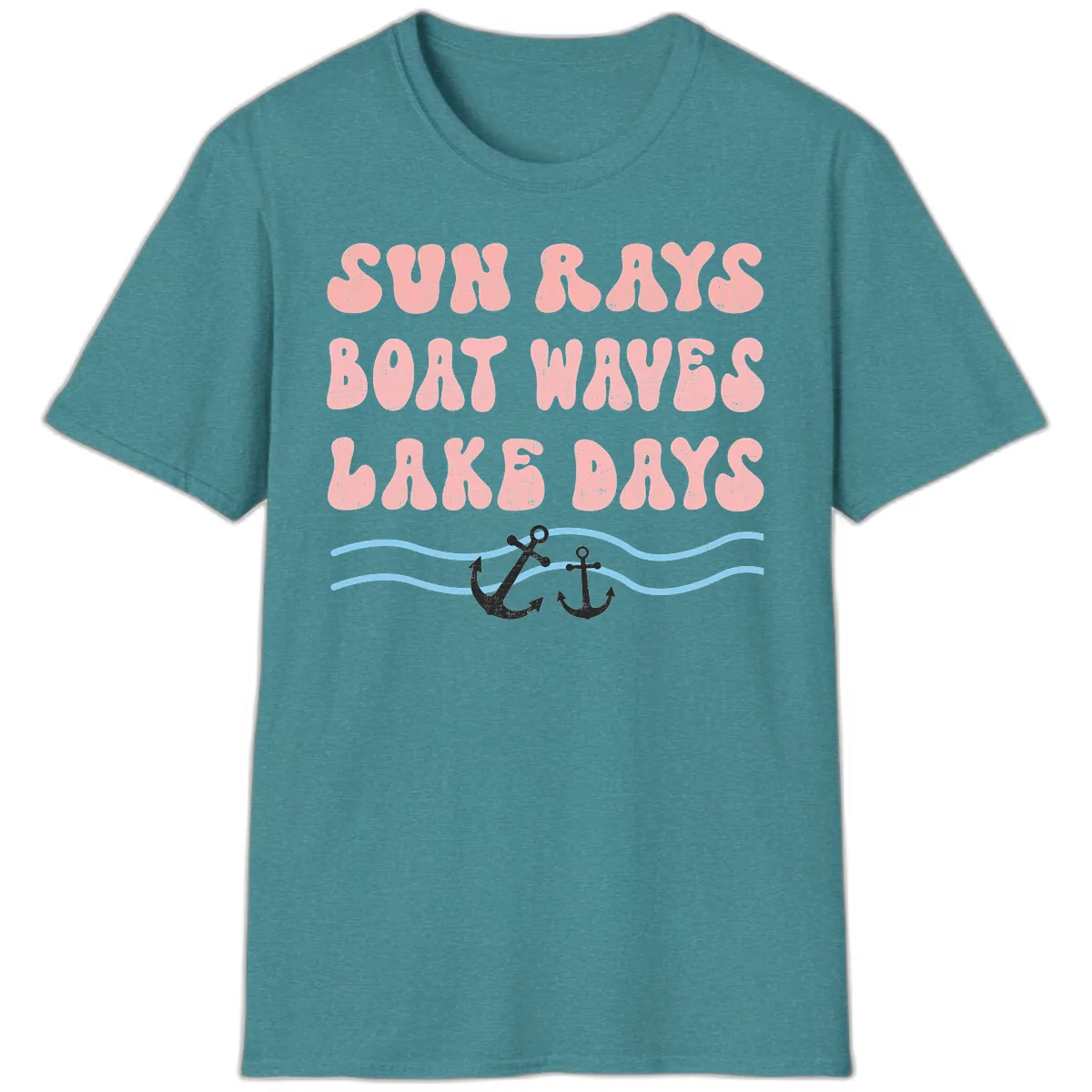 Lake Days Boat Waves Sun Rays T-Shirt in Heather Galapagos Blue