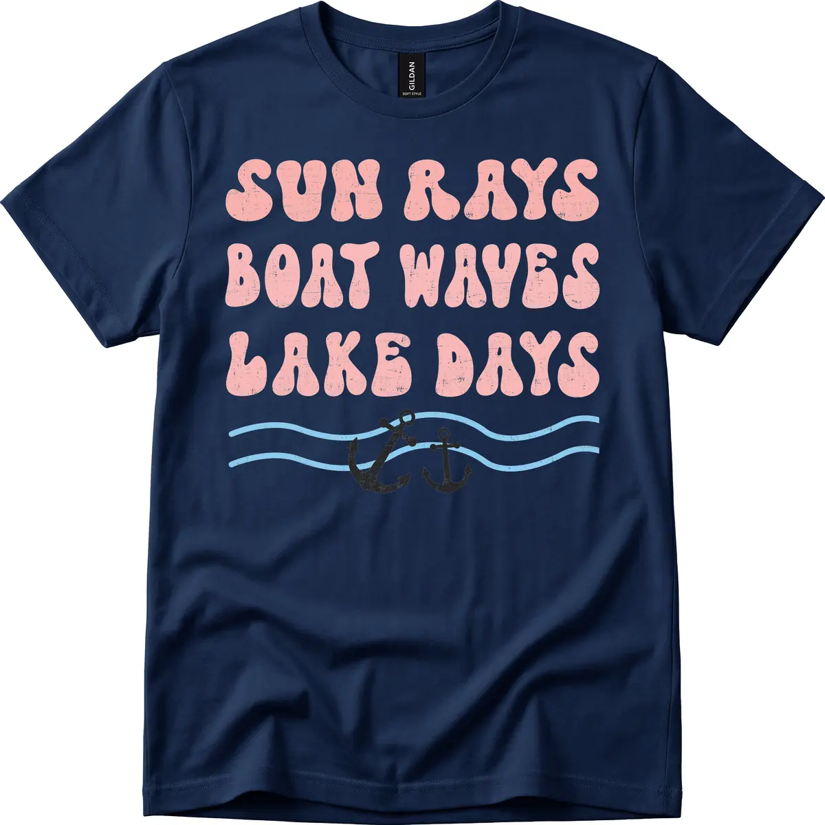 Lake Days Boat Waves Sun Rays T-Shirt in Navy