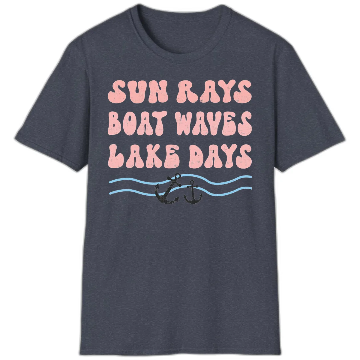Lake Days Boat Waves Sun Rays T-Shirt in Heather Navy