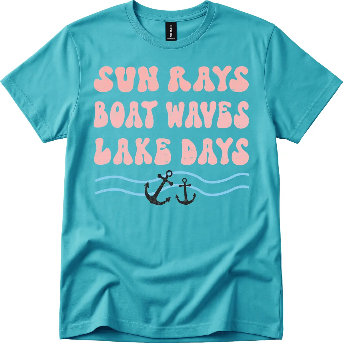 Lake Days Boat Waves Sun Rays T-Shirt in Tropical Blue