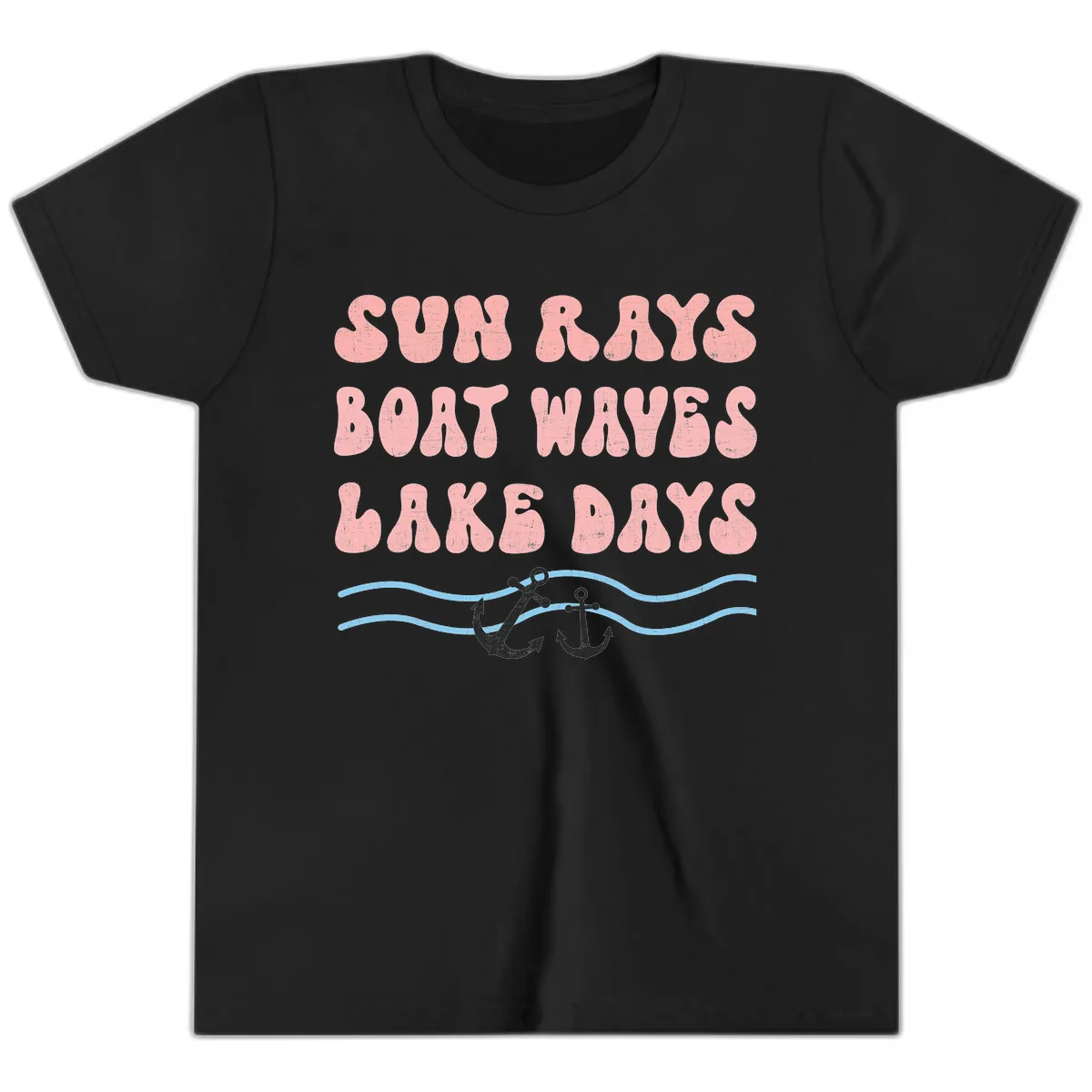 Lake Days Boat Waves Sun Rays Youth T-Shirt in Black