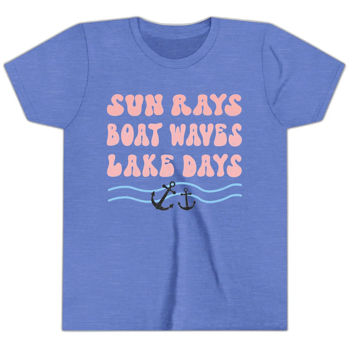 Lake Days Boat Waves Sun Rays Youth T-Shirt in Heather Columbia Blue