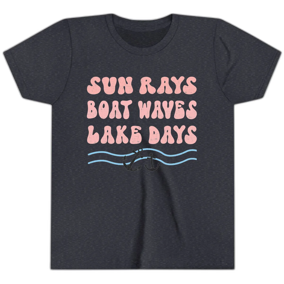 Lake Days Boat Waves Sun Rays Youth T-Shirt in Heather Navy