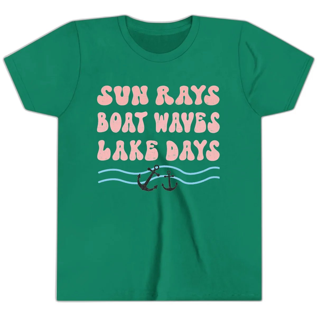 Lake Days Boat Waves Sun Rays Youth T-Shirt in Kelly