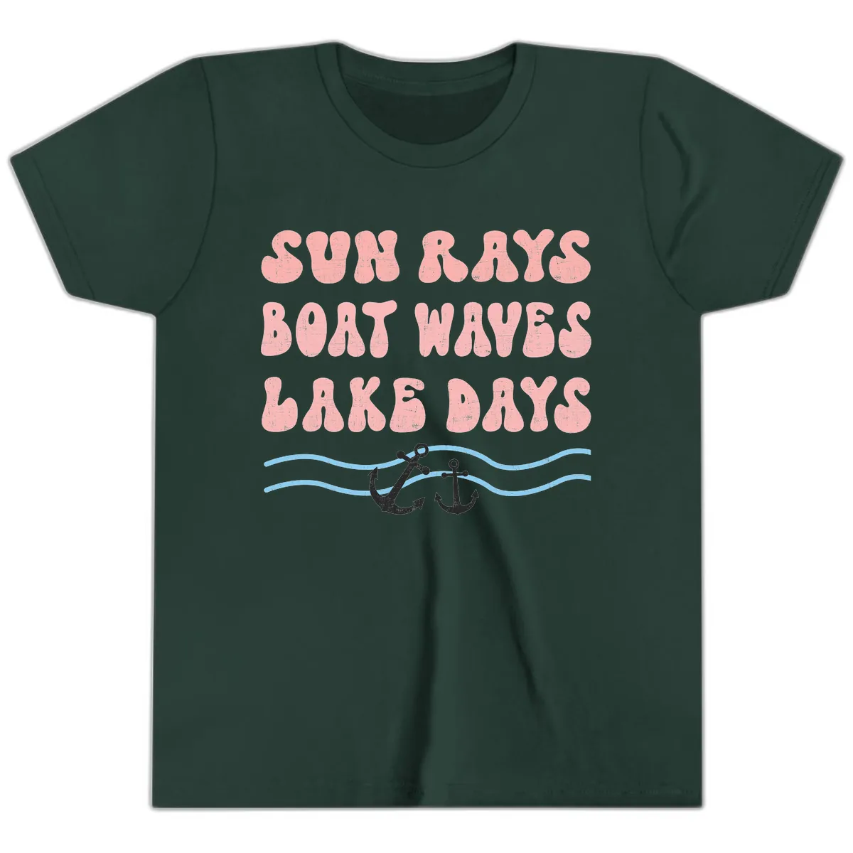Lake Days Boat Waves Sun Rays Youth T-Shirt in Forest