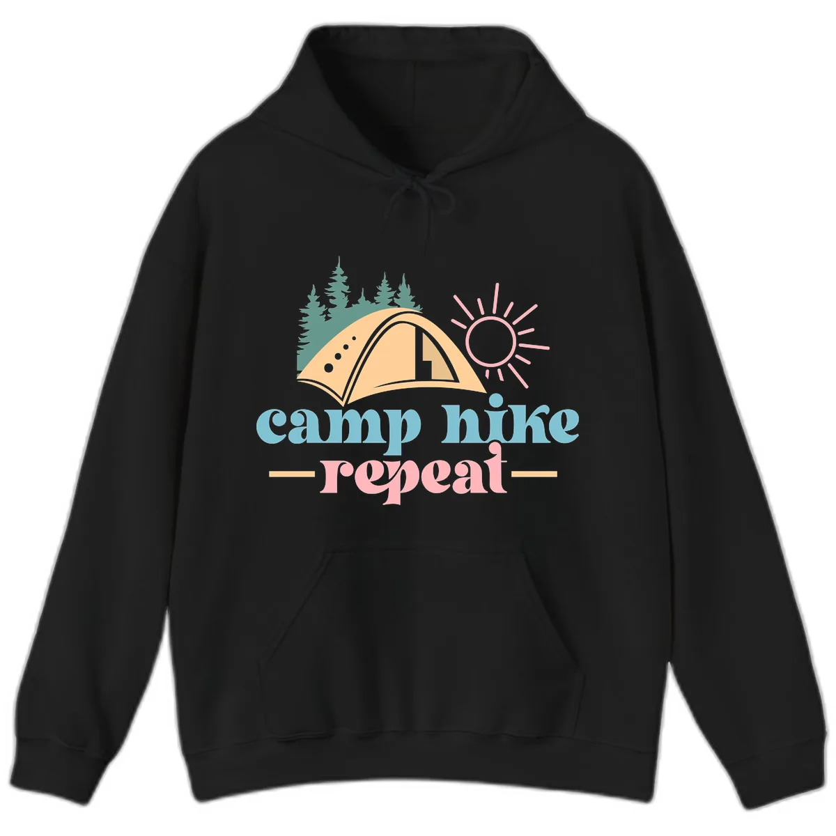 Camp Hike Repeat Mountain Graphic Hoodie in Black