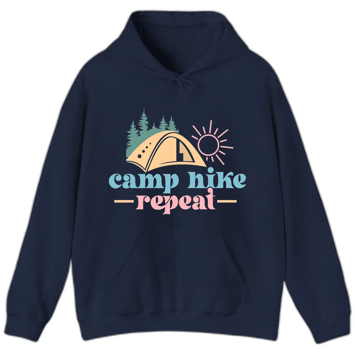 Camp Hike Repeat Mountain Graphic Hoodie in Navy