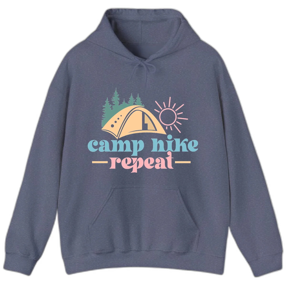 Camp Hike Repeat Mountain Graphic Hoodie in Heather Navy