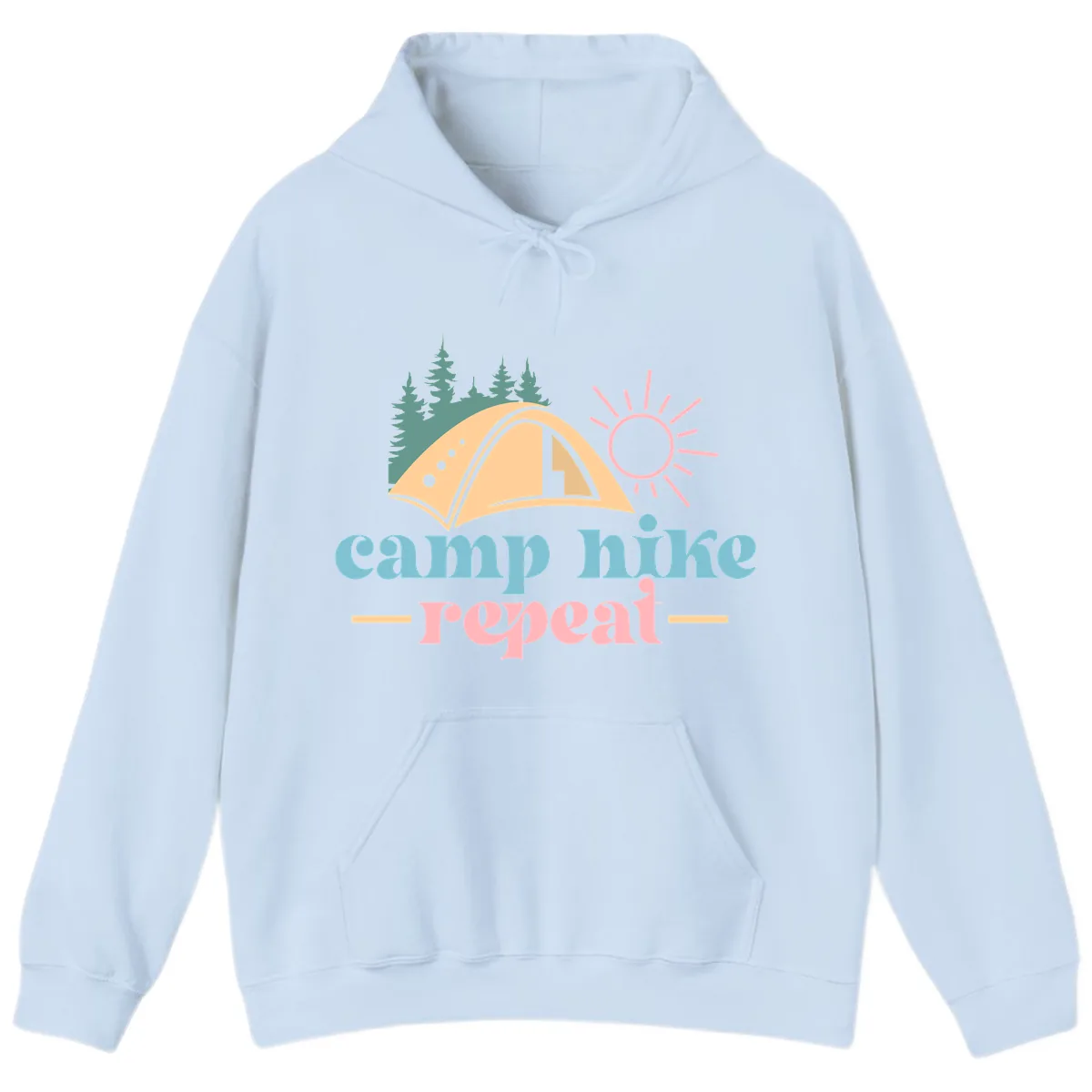Camp Hike Repeat Mountain Graphic Hoodie in Light Blue
